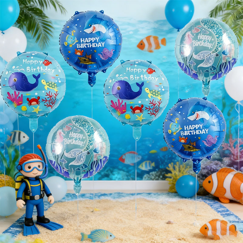 Marine Aquarium Decorations - 6個入りオーシャンテーマパーティーバルーンセット、人魚、サメ、クジラのデザイン、誕生日、水中世界のお祝い、夏のパーティーデコレーション