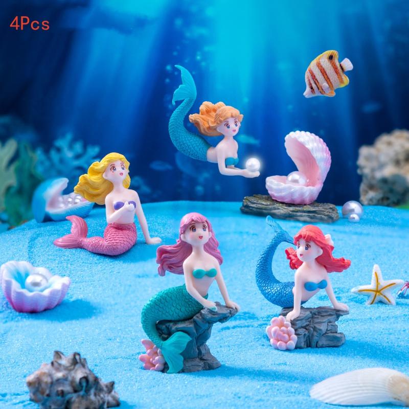 Marine Aquarium Aquascape - 4 個のプラスチック水槽リトルマーメイドオーナメントミニチュア置物水族館の装飾 DIY ケーキ装飾デスククラフトアクセサリー