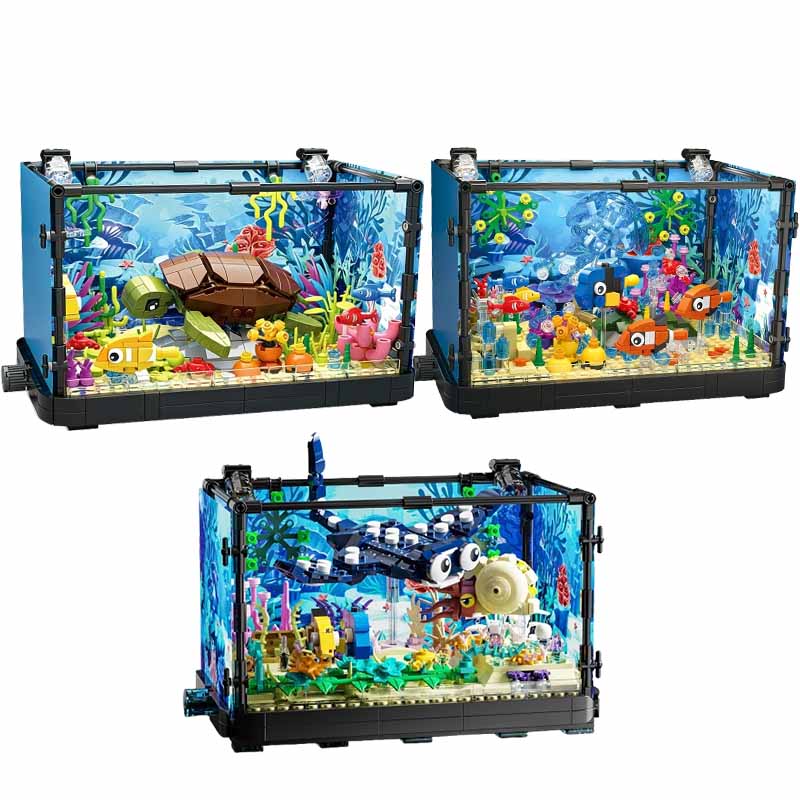 Marine Aquarium Decorations - ライト付き水槽ビルディングブロックセット、水槽、海洋カメ、14歳以上の子供向けビルディングブロックおもちゃ、ギフト、家の装飾