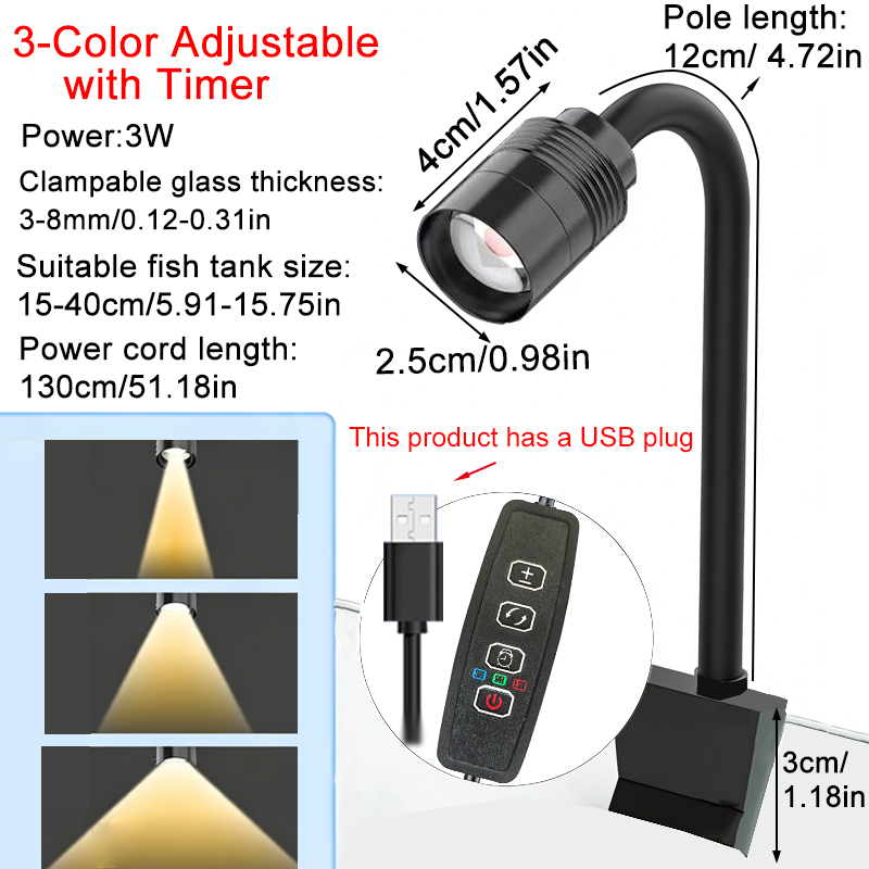 USB 3W 南米風水槽用スポットライト 3色調光可能 サイ - Marine Aquarium Lamp のレビューと価格